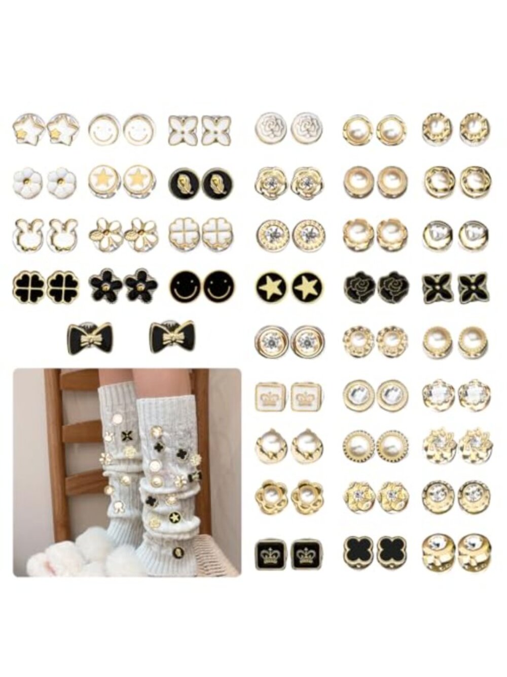 80pcs Pearl Rhinestone Sock Charms Brooch Pins for Women, Alloy & ABS, Junk